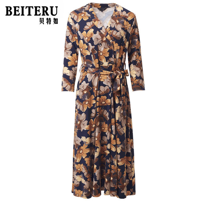 Betru's mother's dress autumn new fashion floral middle-aged women's style over-the-knee long skirt counter genuine YJ