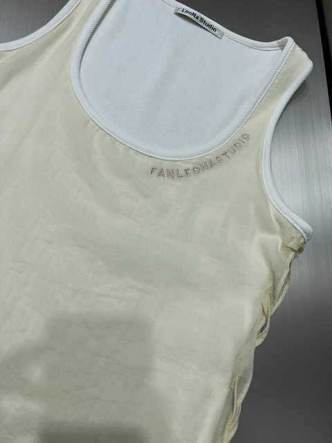 Niche design 23 summer simple and fashionable letter embroidery strap drawstring mesh splicing fake two-piece vest