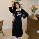 Large -size women's fat MM Hepburn Wind Black POLO collaring flower dress 2024 autumn new waist thin skirt
