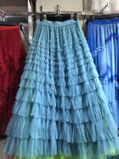 Niche layered ruffled mesh cake skirt floor-moving long skirt autumn and winter super fairy sweet gauze skirt a line puffy skirt