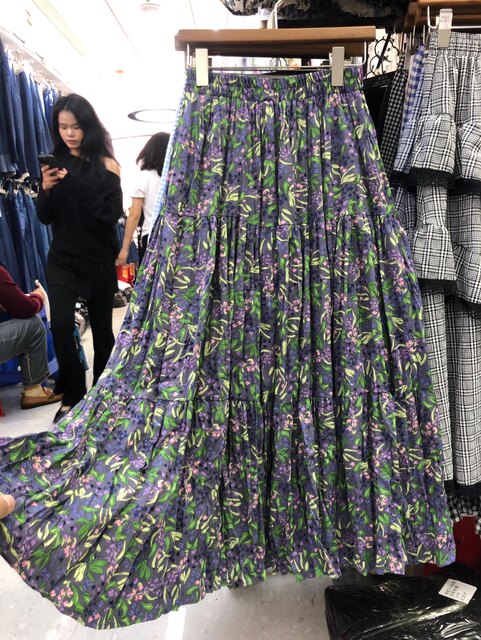 Purple floral chiffon skirt for women in summer flowing long skirt for slim A-line mid-length pleated print skirt