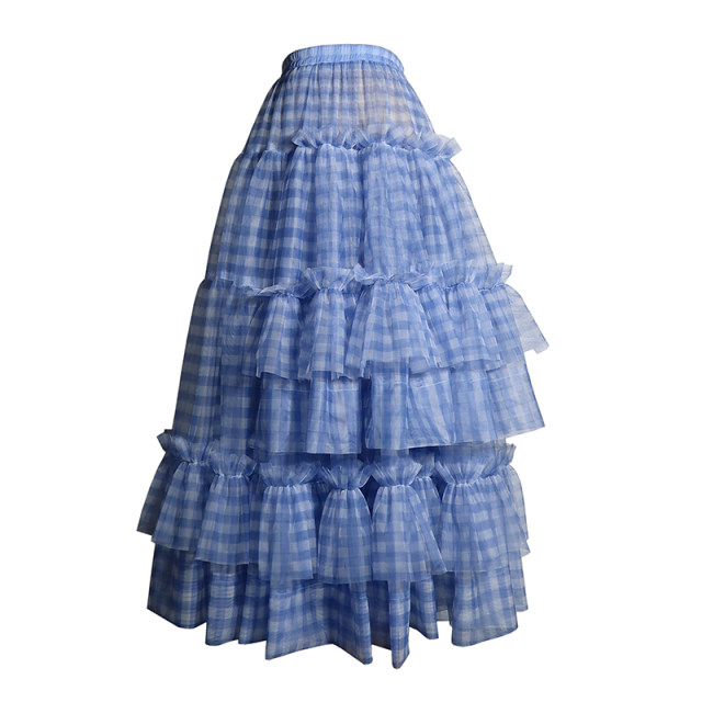 Jane Ai Garden plaid mesh stitching asymmetric half -bodies skirt niche design sense puff JA83
