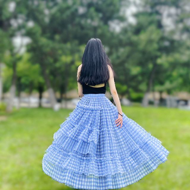 Jane Ai Garden plaid mesh stitching asymmetric half -bodies skirt niche design sense puff JA83
