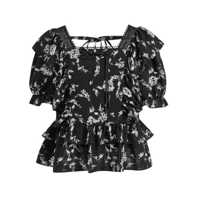 Lazy color new Chinese floral chiffon shirt for women 2024 spring and summer new lace square collar ruffle short top