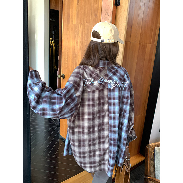 NAZ's large size spring dress American retro loose fashion spliced ​​plaid shirt fat mm letter casual top