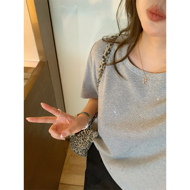 
NAZ large size cotton and ammonia blended fashionable sequins casual versatile T-shirt fat mm summer short-sleeved loose top