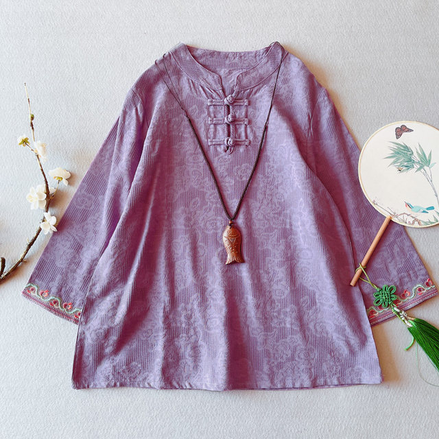 Cotton and linen jacquard embroidered flared sleeve shirt for women in spring and summer new Chinese style retro button large-size stand-up collar short top