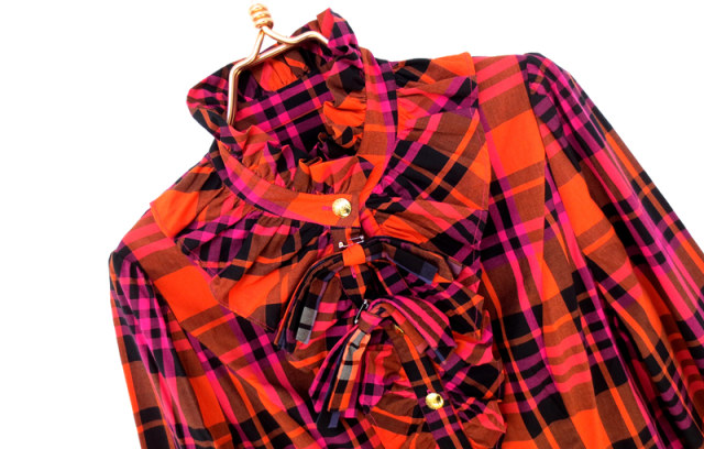 New Fairyfair counter genuine rose red orange plaid stand collar ruffled bow cotton high-end shirt