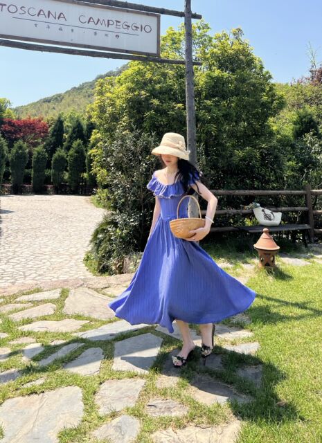 Joe and Joey Blueberry Girl French pastoral style ruffled vacation skirt long dress slim summer