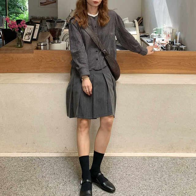 Big Blow Women DCN Early Autumn Homemade Imported Dark Gray Coffee Plaid White Small Stand Collar Spliced ​​Cotton Yarn Long Sleeve Shirt Women