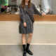 Big Blow Women DCN Early Autumn Homemade Imported Dark Gray Coffee Plaid White Small Stand Collar Spliced ​​Cotton Yarn Long Sleeve Shirt Women