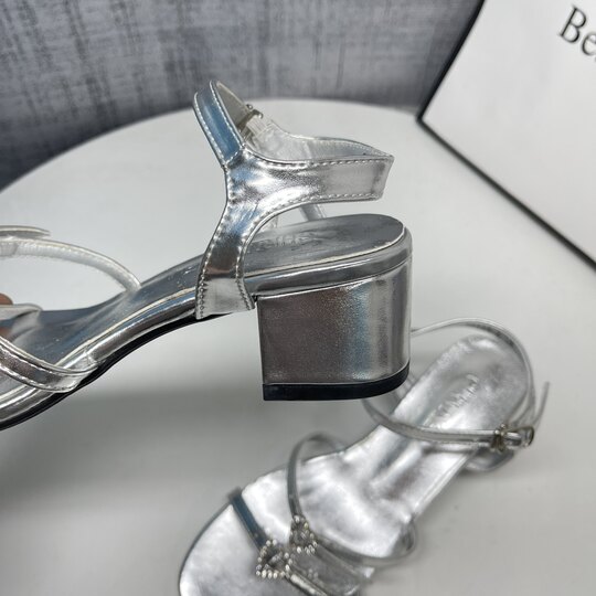 Silver Rhinestone Bow Thick Heel Open Toe Sandals Women's 2025 Summer New Strap Sandals High Heels