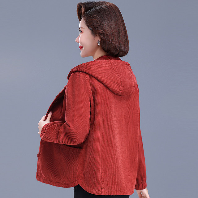 Mother's spring and autumn coat corduroy cotton corduroy hooded casual top middle-aged and elderly women's autumn clothing grandma clothes