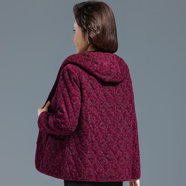 Middle-aged and elderly women's autumn and winter quilted coats grandma's pure cotton printed hooded tops mother's loose clothes thin cotton coats