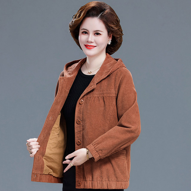 Middle-aged and elderly women's spring and autumn corduroy loose cotton windbreaker new coat solid color hooded jacket corduroy