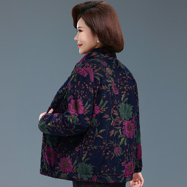 Mother's winter cotton coat, short corduroy cotton jacket for the elderly, women's thickened loose pure cotton grandma outfit, large flower cotton coat