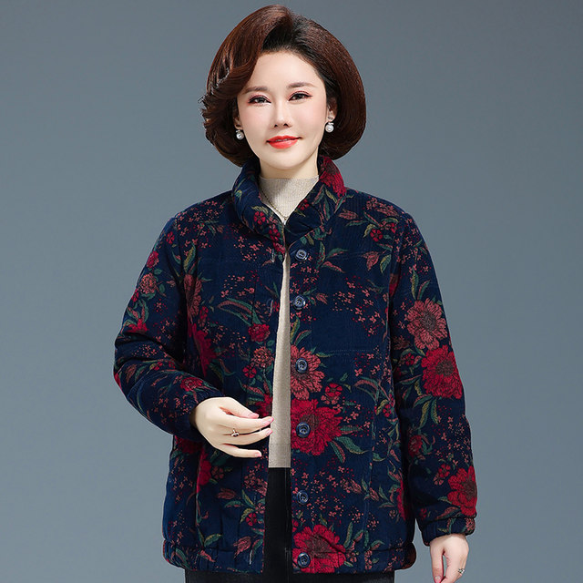 Mother's winter cotton coat, short corduroy cotton jacket for the elderly, women's thickened loose pure cotton grandma outfit, large flower cotton coat
