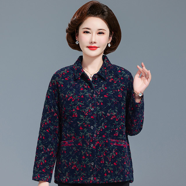 Middle-aged and elderly thin pure cotton cotton coat for women, seniors, large-size corduroy top for mother autumn and winter striped velvet cotton jacket