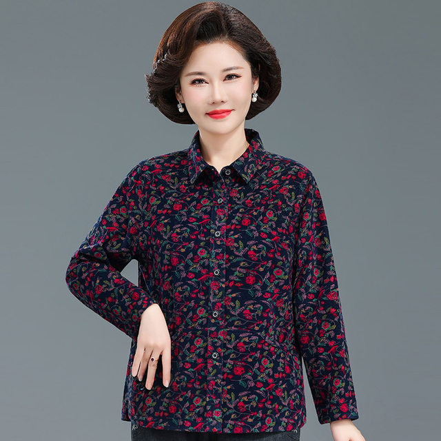 Mother's Spring and Autumn Pure Cotton Shirt Women's Long Sleeve Elderly Corduroy Floral Shirt Old Lady Clothes Grandma Clothes