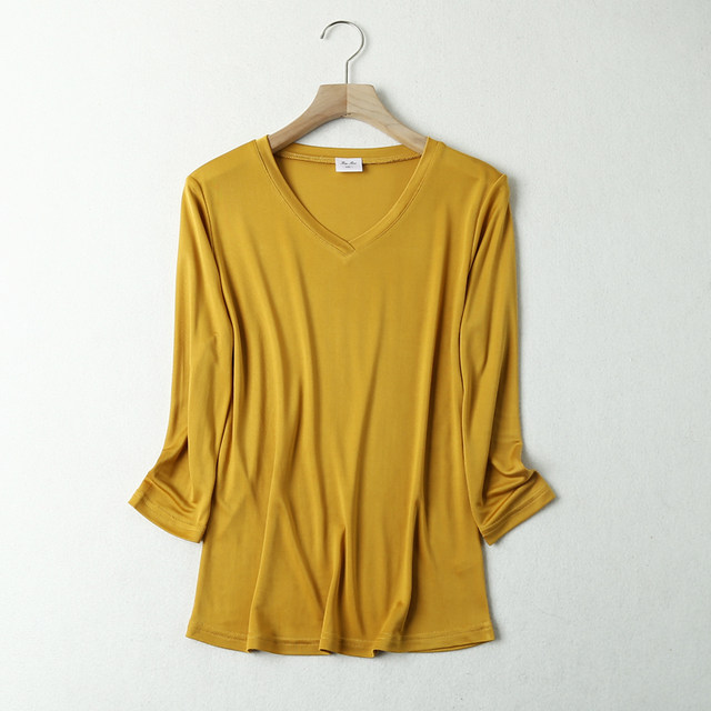 Silk 7-quarter sleeve T-shirt for women with versatile solid color mulberry silk knitted tops with slim V-neck base shirts with multiple colors