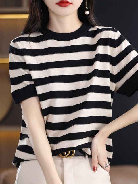 Color block striped short-sleeved T-shirt for women 2025 new Modal T ...