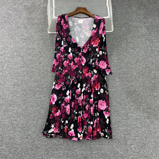 Foreign Trade Europe and the United States Large Size Women's Rose Story V-neck Large Stretch Knitted Cropped Sleeve Dress