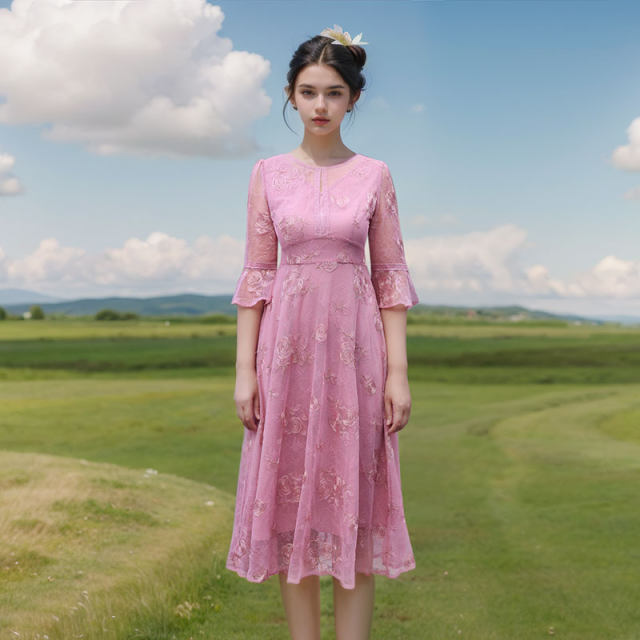 A brief romance Autumn Moon Commuting Fashionable waist-hugging 7-point flap-sleeved temperament skirt with flowing mid-length skirt Spring and autumn new