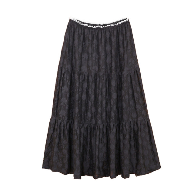 Huaji Q479 black temperament versatile lace skirt 2025 new summer elastic waist cake skirt mid-length
