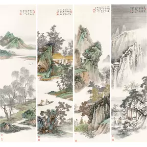 珍品旧蔵中国古画【逸品四条屏峰秀山清山月作品】紙に手書き国画掛け軸