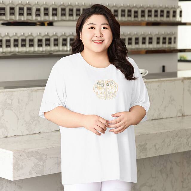 300jin [Jin is equal to 0.5 kg] New Chinese national wind embroidered gray short -sleeved T -shirt female summer big size fat mm loose and covered pink top