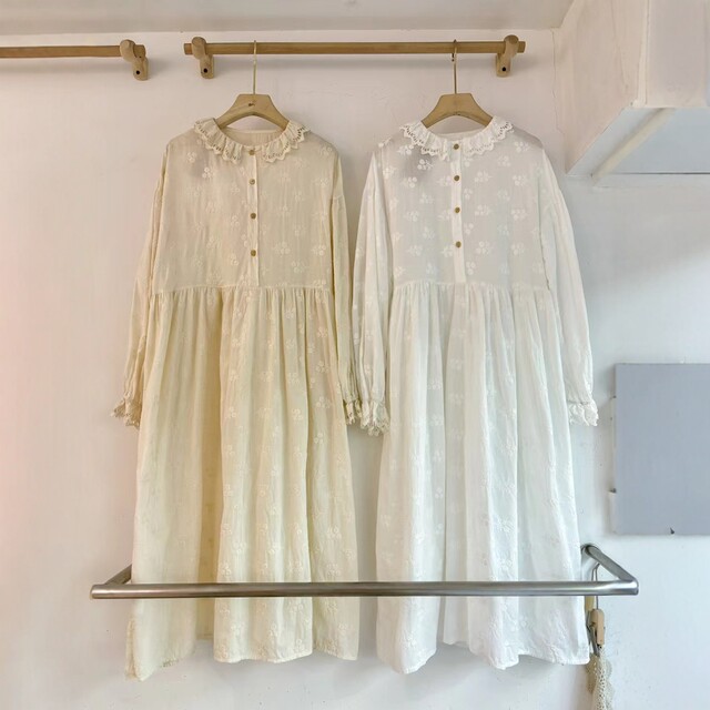 
Forest heavy industry embroidered lace edge doll collar long sleeve dress loose versatile pure cotton layered inner long skirt for women