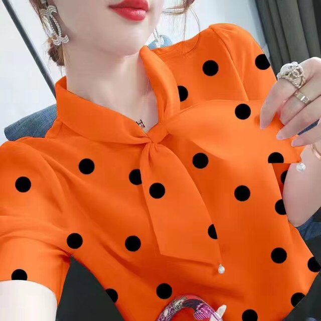 Puff sleeve chiffon shirt for women 2024 summer new loose slim polka dot large size bow short-sleeved top