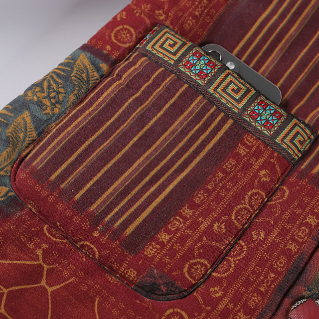 New mid-length printed cotton linen thickened cotton coat for autumn and winter clothes for the elderly, hooded plus velvet warm cotton jacket for the old lady