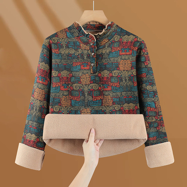 Autumn and winter new printed fungus bottoming shirt for middle-aged and elderly mothers plus velvet and thickened warm clothes grandma women's T-shirt