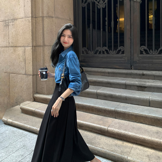 MULVAN black high-waisted suit skirt for women with high-end slim a-line pleated skirt temperament long skirt umbrella skirt