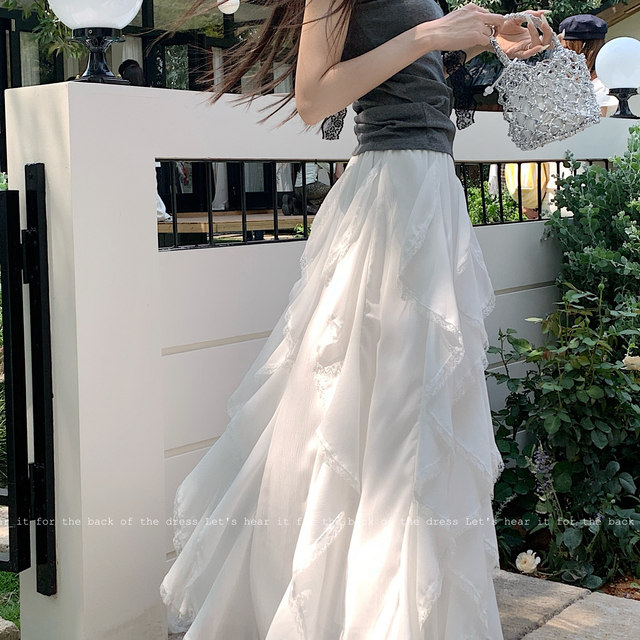 
Large size white ruffled irregular high waist skirt with female fat summer sister gentle drooping slim and versatile long skirt