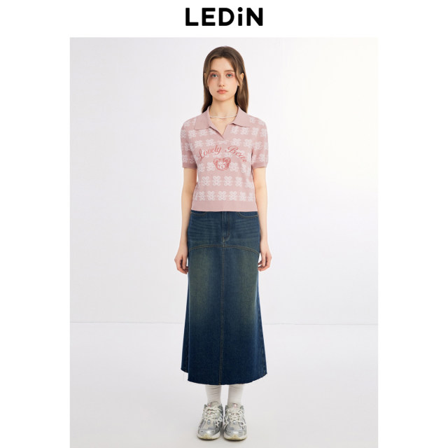 Lecho Sweet Style Short Sleeve Knitted Sweater in Autumn New Small Lapel Full Version Jacquard Pullover Cute Top