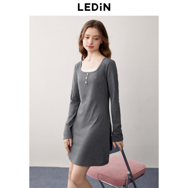 Lecho fake two-piece knitted dress for autumn new Grey series slim waist long-sleeved dress