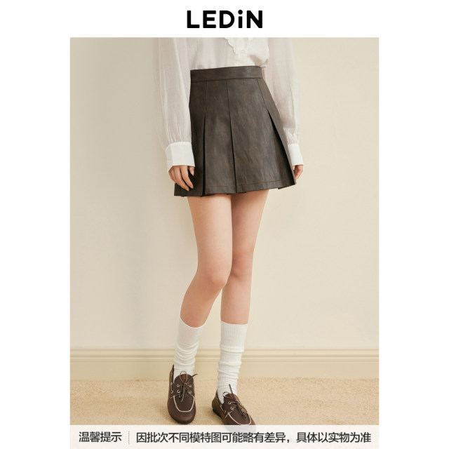 Lecho simple pleated skirt autumn new millennium style brown PU skirt C1GEE3411

