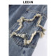Lecho summer new star patch ripped denim wide-leg pants C2HAE2335