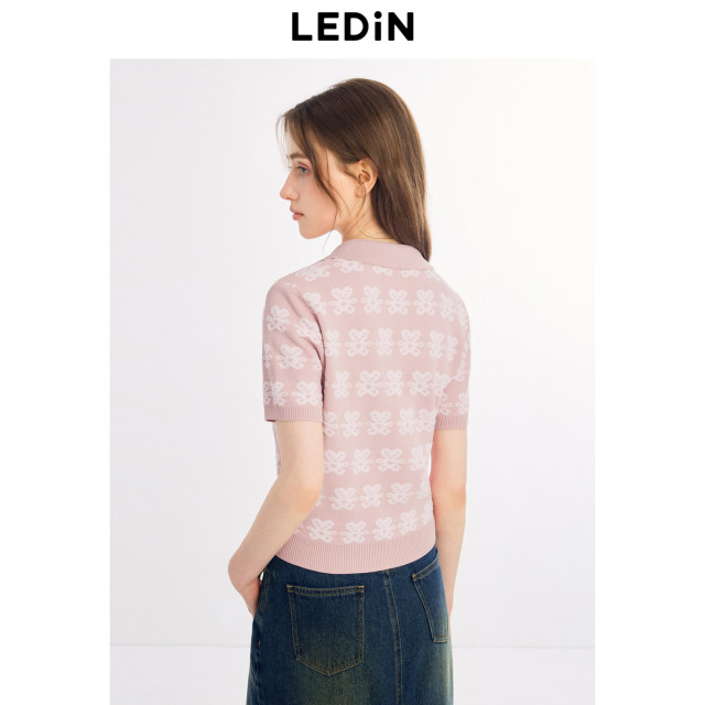 Lecho Sweet Style Short Sleeve Knitted Sweater in Autumn New Small Lapel Full Version Jacquard Pullover Cute Top