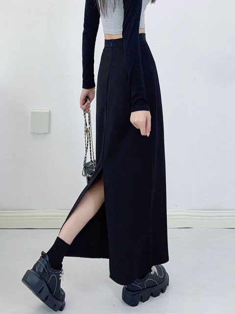 Gray suit skirt long skirt female spring, summer and autumn, high waist, thin waist, sloping black straight skirt size size
