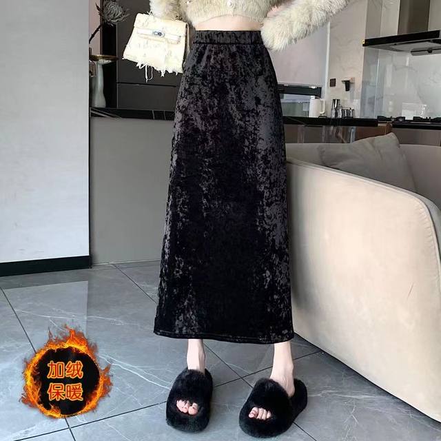 Gold velvet skirt for women, autumn and winter thickened velvet, retro slim hip skirt, mid-length back slit one-step skirt