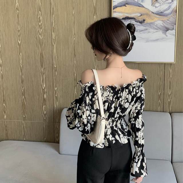 
One-length chiffon shirt for women long sleeves 2024 spring and autumn new French floral short shirt for women design niche