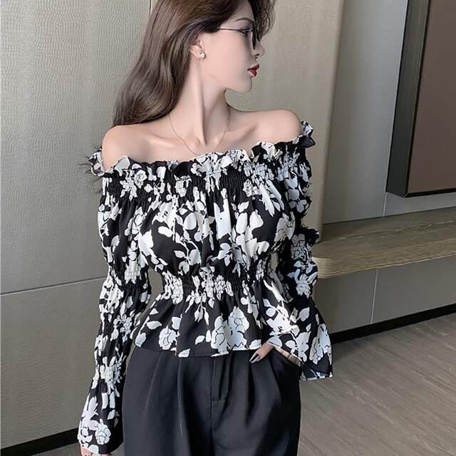 
One-length chiffon shirt for women long sleeves 2024 spring and autumn new French floral short shirt for women design niche