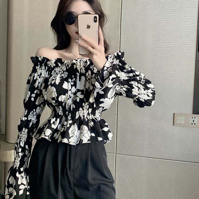 
One-length chiffon shirt for women long sleeves 2024 spring and autumn new French floral short shirt for women design niche