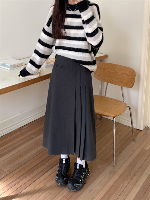 Fat mm woolen pleated skirt long autumn and winter thick large size irregular A-line skirt for women slim and versatile long skirt
