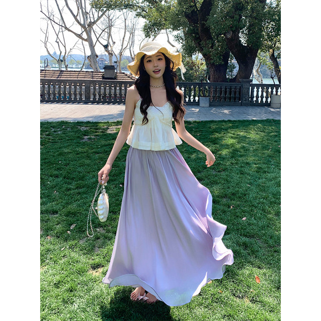 Island satin sparkling elastic waist skirt summer new style flowing sweet temperament drooping A-line long skirt