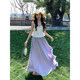 Island satin sparkling elastic waist skirt summer new style flowing sweet temperament drooping A-line long skirt