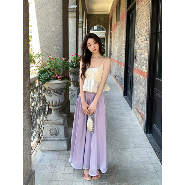 Island satin sparkling elastic waist skirt summer new style flowing sweet temperament drooping A-line long skirt